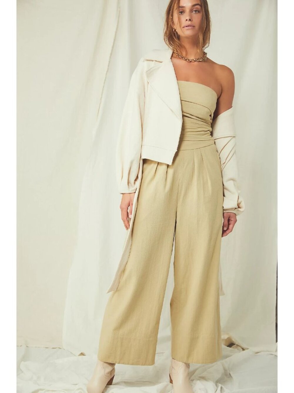 Free People Blake Cotton Jumpsuit Strapless Natural Light Beige M